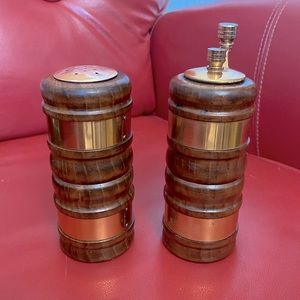 VINTAGE CATALINA WOOD AND COPPER TRIM PEPPER MILL SET